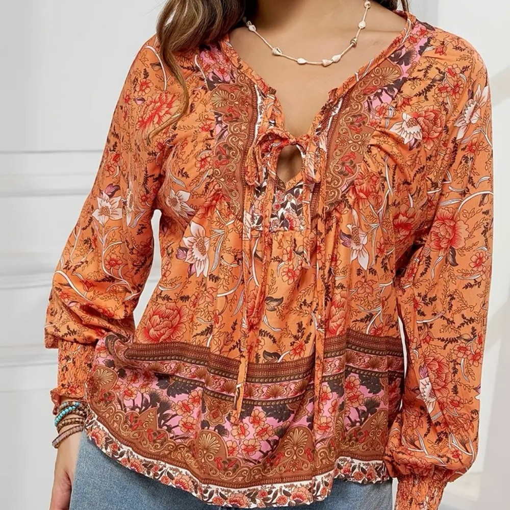 Boho Floral Print Lantern Sleeve Tie Front Blouse - Picture 9 of 11